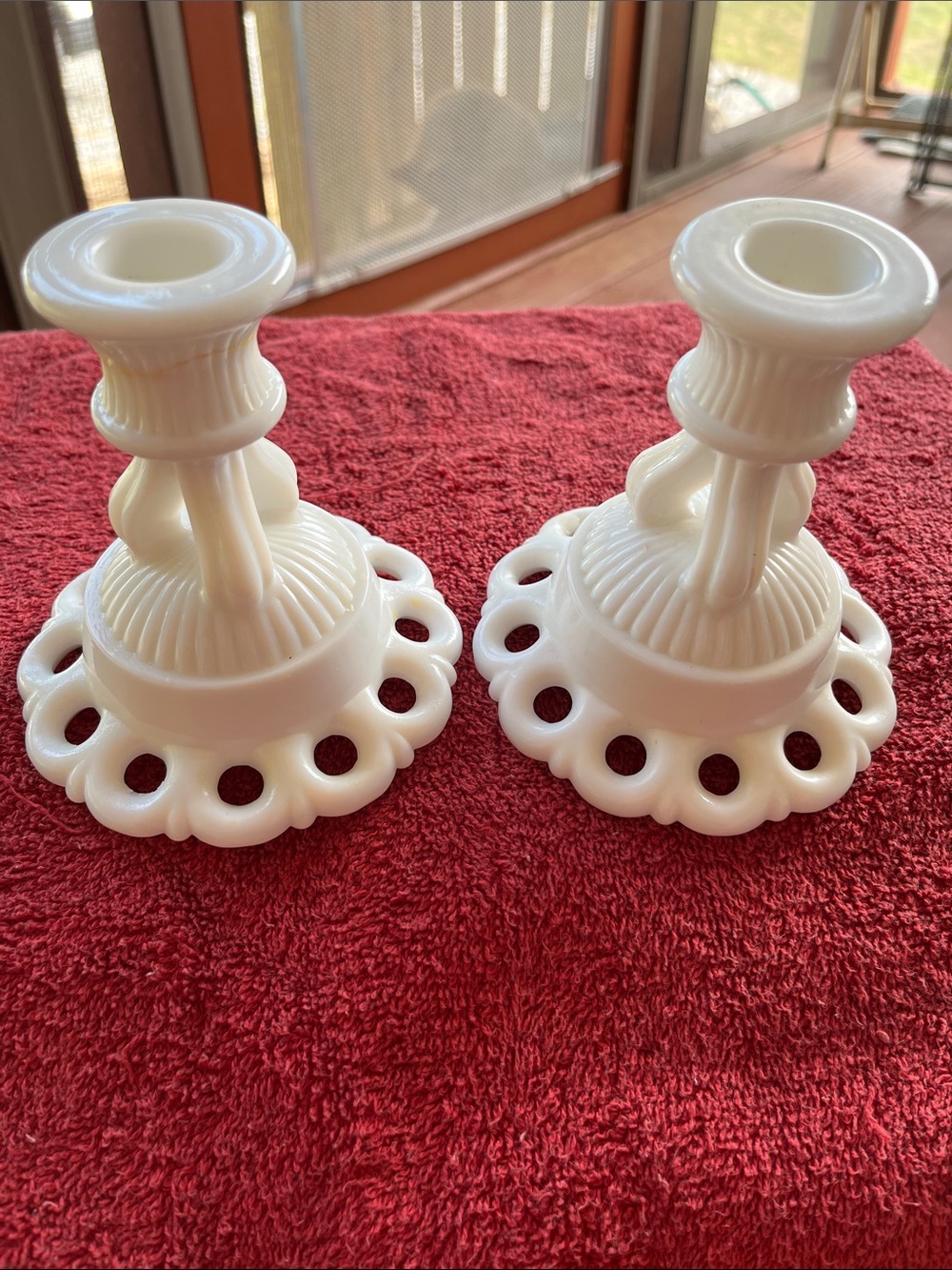 Westmoreland White Milk Glass Scalloped Candle Holders Pair